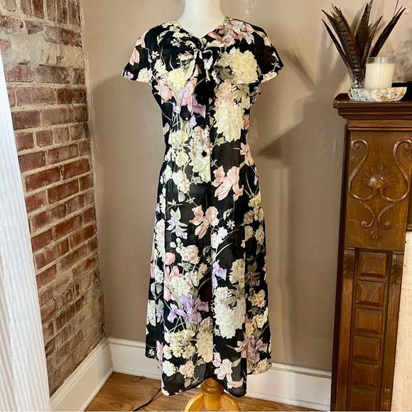 Vintage Floral Sheer Black Maxi Dress -Size 12 -DR08 - Picture 1 of 11
